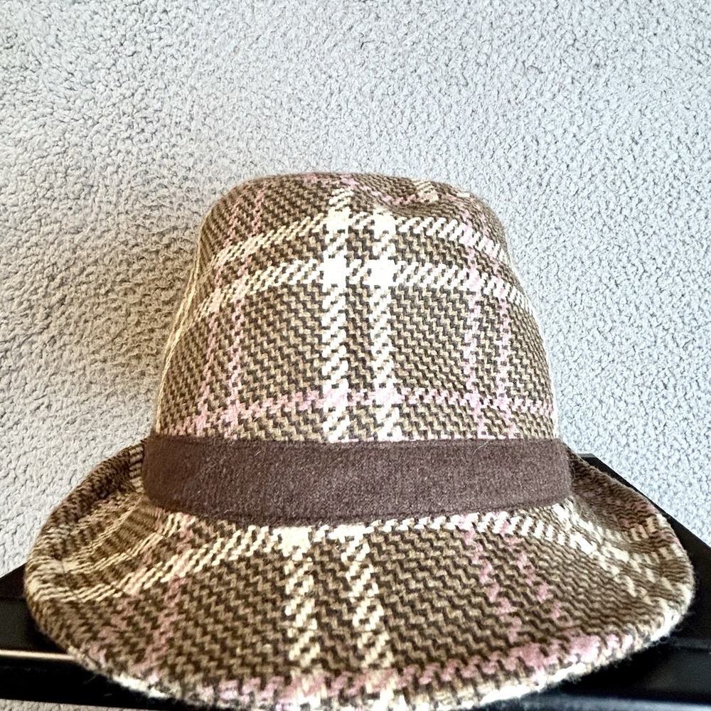 Y2K Old Navy Pink Brown Plaid Fedora Bucket Hat Size L/XL Clueless Clean Girl